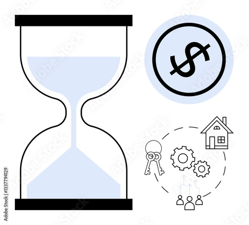 Hourglass and coin with dollar sign emphasize time value. House, keys, gears, and group icons suggest property, teamwork, planning, and financial strategy. Ideal for business time management real