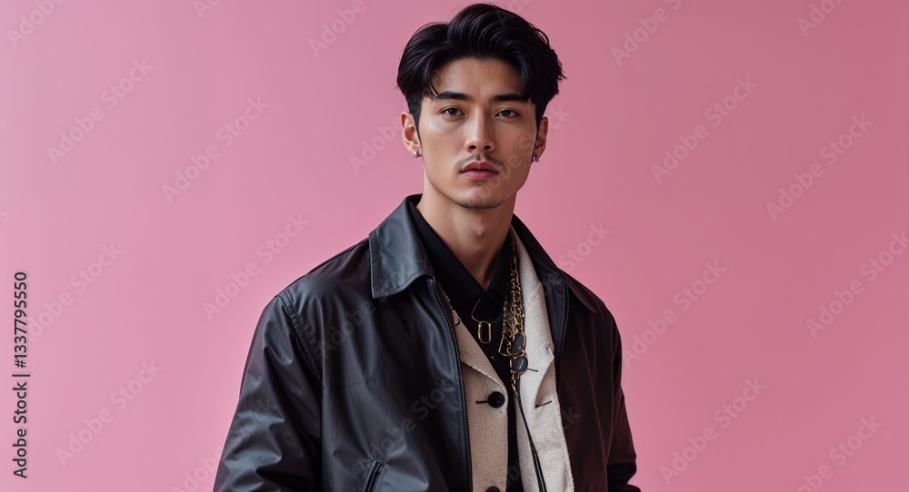 Fototapeta premium Asian guy in modern fashion clothing on pink bright plain background model pose photo