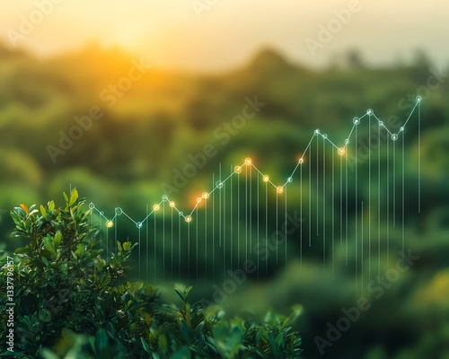 A growing data graph overlaying a lush green landscape, symbolizing progress and environmental awareness. Business life concept