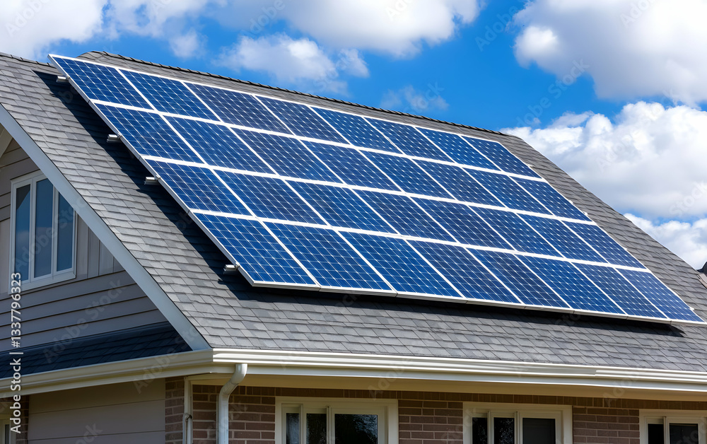 Solar panels installed on a residential roof, promoting renewable energy and sustainability under a clear blue sky. Solar panels installed on a residential roof, promoting renewable energy and sustainability under a clear blue sky.