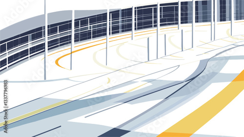 The image is a stylized illustration depicting an abstract architectural design.  The design features a series of curved lines and geometric shapes, creating a sense of movement and flow.  The