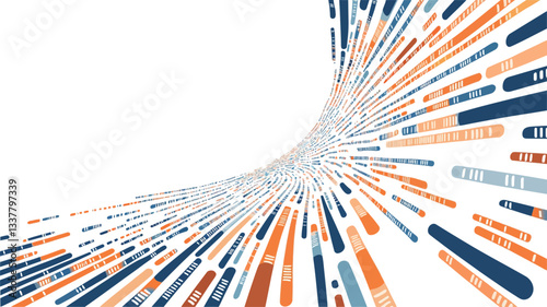 The image is a vector graphic featuring numerous short, parallel lines of varying lengths arranged in a curved, radiating pattern. The lines are primarily blue, orange, and brown hues against a