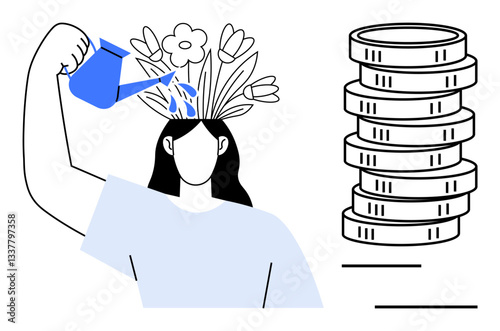 Woman nurtures mental growth by watering blooming flowers on her head, symbolizing self-care and prosperity. Stacked coins highlight financial gains. Ideal for growth, mindfulness, self-care