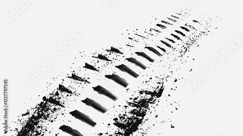 A high-angle, close-up shot of a tire track impression against a white background. The image is in black and white, showcasing the texture and detail of the tire tread. The track is slightly