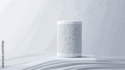 The image shows a white cylindrical object standing upright on a softly draped white fabric. The object has a slightly textured surface. The background is a plain white wall. The lighting is even