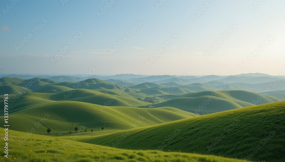 Fototapeta premium Vast Rolling Green Hills Under a Clear Blue Sky at Dusk