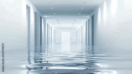 The image shows a long, straight corridor with numerous closed doors on either side. The floor is covered with a shallow layer of clear water, reflecting the ceiling lights and the hallway itself.