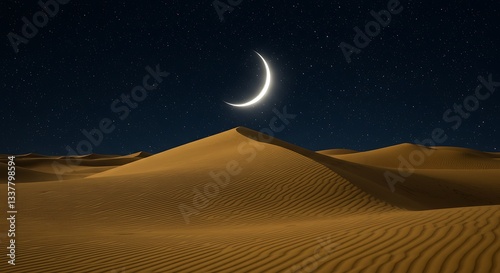 Crescent Moon Over Desert Dunes: A Nighttime Landscape
