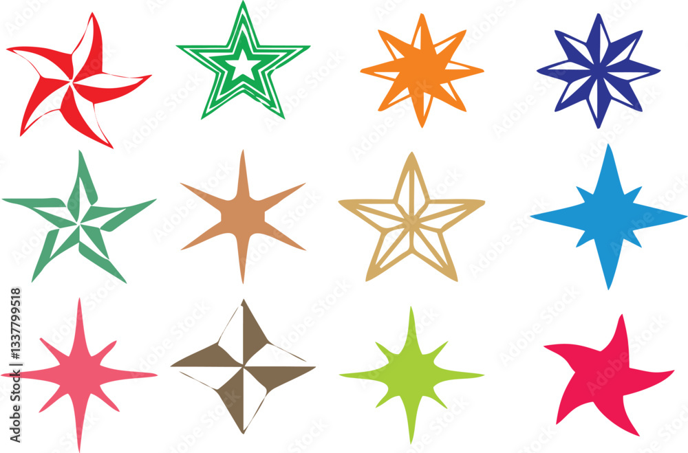 Obraz premium Sparkle star Icons in different style and shapes. Blinking stars, sparks and sparkles. Shining twinkle sunburst stars. Magic light glitter flare pack for design template, poster, banner, brochure.