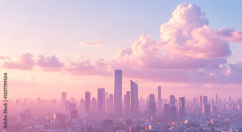 Fototapeta premium Pink Cityscape at Dawn: A Serene Urban Panorama