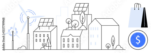Urban skyline featuring solar panel buildings, wind turbines, trees, shopping bags, and currency icon. Ideal for sustainability, eco-living, renewable energy, green economy urban planning