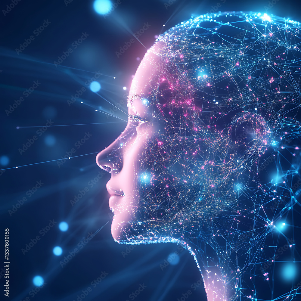 Exploring human connection through technology futuristic digital portrait virtual world ai conceptual art close-up view