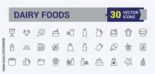 Dairy Products modern icon set. Dairy Foods minimalist icons collection. Dairy goods linear icons. Food modern icon. Conceptual pictogram and infographic.