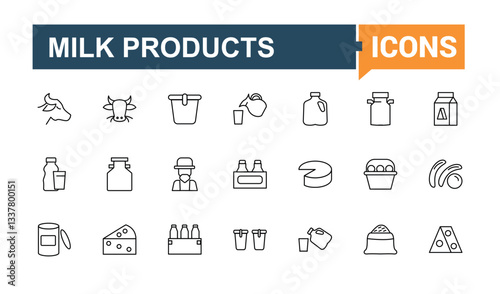 Dairy Products modern icon set. Dairy Foods minimalist icons collection. Dairy goods linear icons. Food modern icon. Conceptual pictogram and infographic.