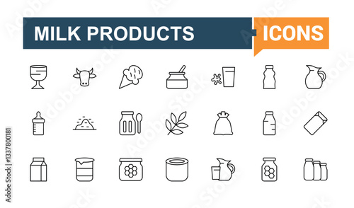 Dairy Products modern icon set. Dairy Foods minimalist icons collection. Dairy goods linear icons. Food modern icon. Conceptual pictogram and infographic.