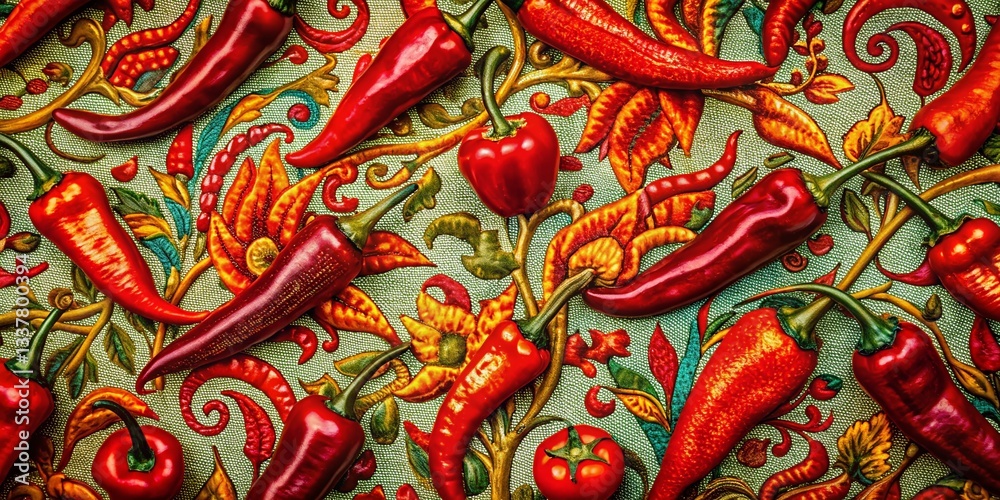 Fototapeta premium Red Pepper Floral Textile Design: Vibrant Repeating Pattern for Fabric & Wallpaper