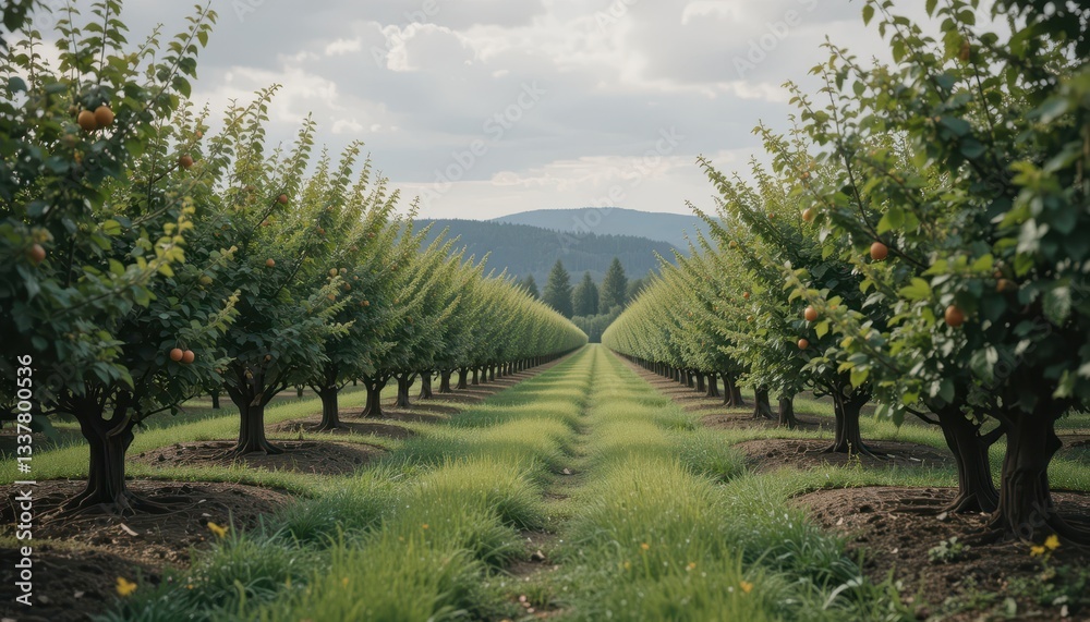 Lush Apple Orchard with Symmetrical Rows and Scenic Mountain View Lush Apple Orchard with Symmetrical Rows and Scenic Mountain View