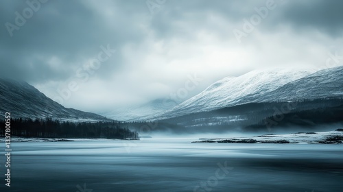Snowy mountain lake, winter mist, Scotland, landscape