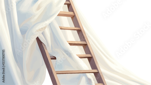 The image shows a light brown wooden stepladder positioned against a white background. A large piece of white fabric is draped over and around the ladder, creating soft folds and suggesting