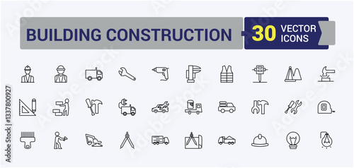 Set of Construction Tools line icon. Pack of build, tool, equipment, work, house and more. Thin linear style icons. Building Construction simple icon. Vector artwork and illustration.