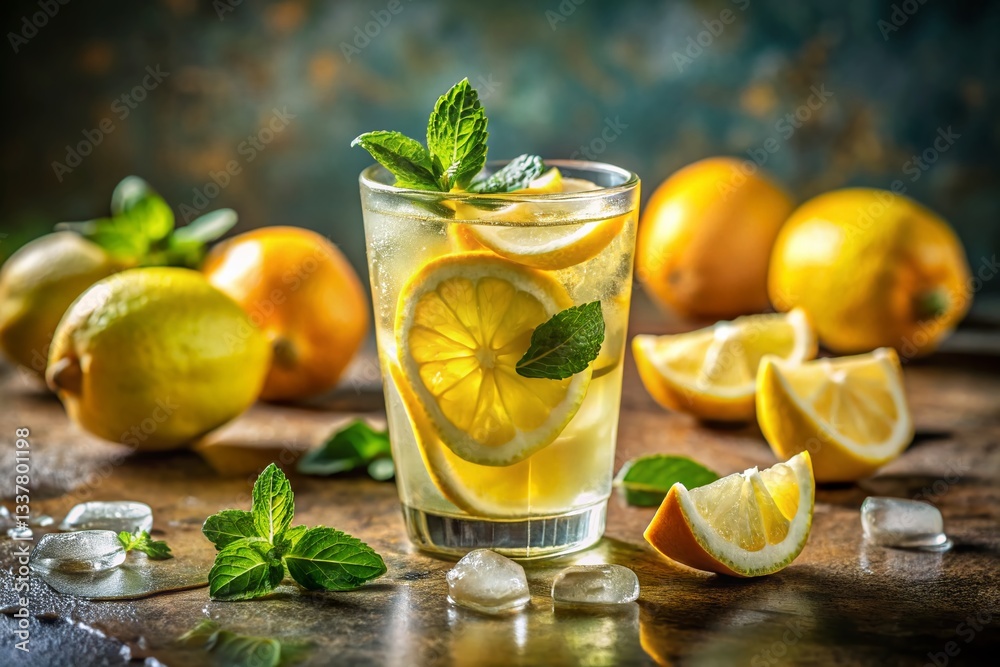 Fototapeta premium Refreshing Citrus Lemonade Water: Summer Detox Drink on Concrete
