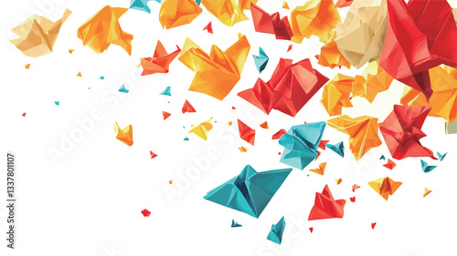 The image shows a collection of colorful origami paper shapes in various sizes and shades of red, orange, yellow, and blue-green.  The shapes are predominantly triangular and appear to be in