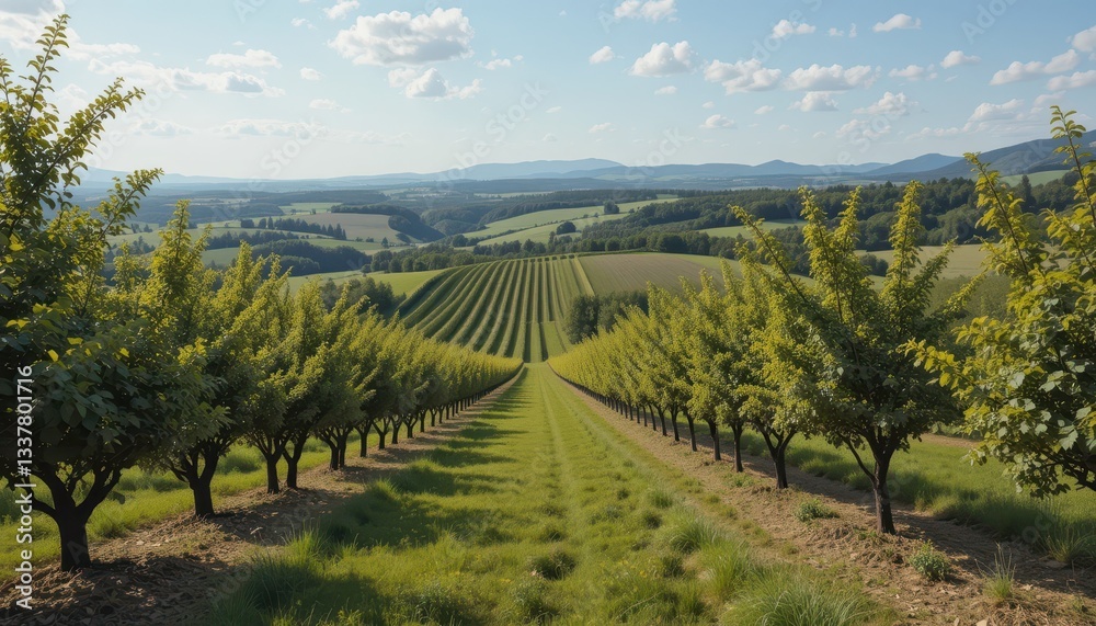 Fototapeta premium Scenic View of Orchard Rows with Greenery and Blue Sky