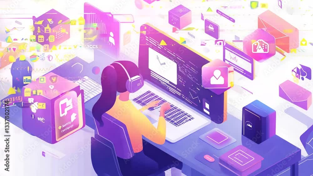 A modern, stylized illustration of a female programmer working on a computer with floating digital elements representing coding, cybersecurity, and data analysis. The futuristic and vibrant design A modern, stylized illustration of a female programmer working on a computer with floating digital elements representing coding, cybersecurity, and data analysis. The futuristic and vibrant design