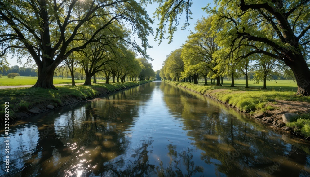 Serene Reflection of Trees Along Calm River in Bright Daylight Serene Reflection of Trees Along Calm River in Bright Daylight