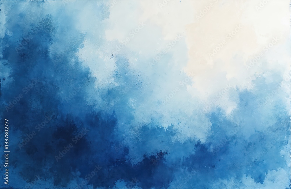 Obraz premium Blue abstract painted background with brush strokes, cloud form. Watercolor drawing with sky gradient. Indigo blue gradient. Dark blue wave cloud texture for wallpaper, textile design.