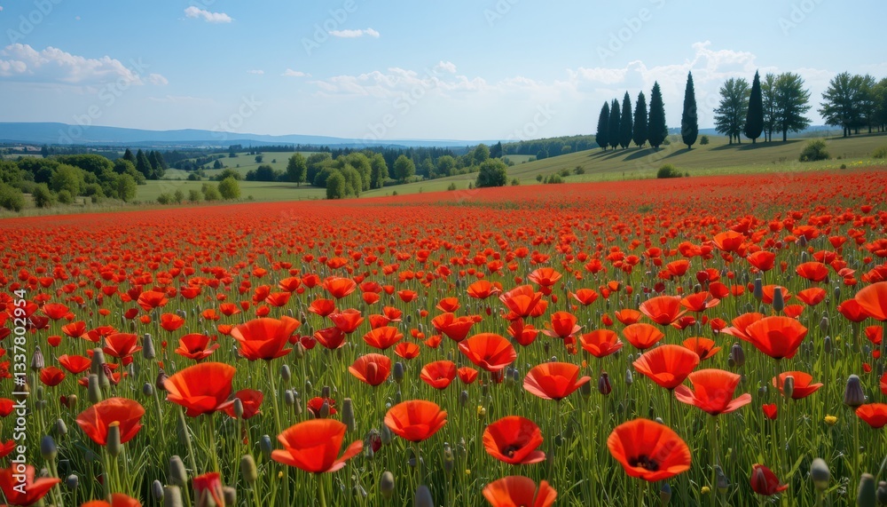 Vibrant Red Poppy Field Under Clear Blue Sky in Seasonal Landscape Vibrant Red Poppy Field Under Clear Blue Sky in Seasonal Landscape