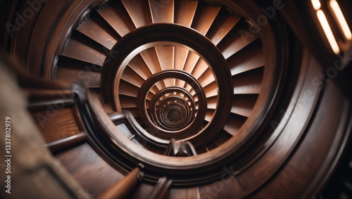 Intricate spiral staircase design featuring dark wood and a mesmerizing, continuous pattern, creating a sense of depth and architectural beauty.