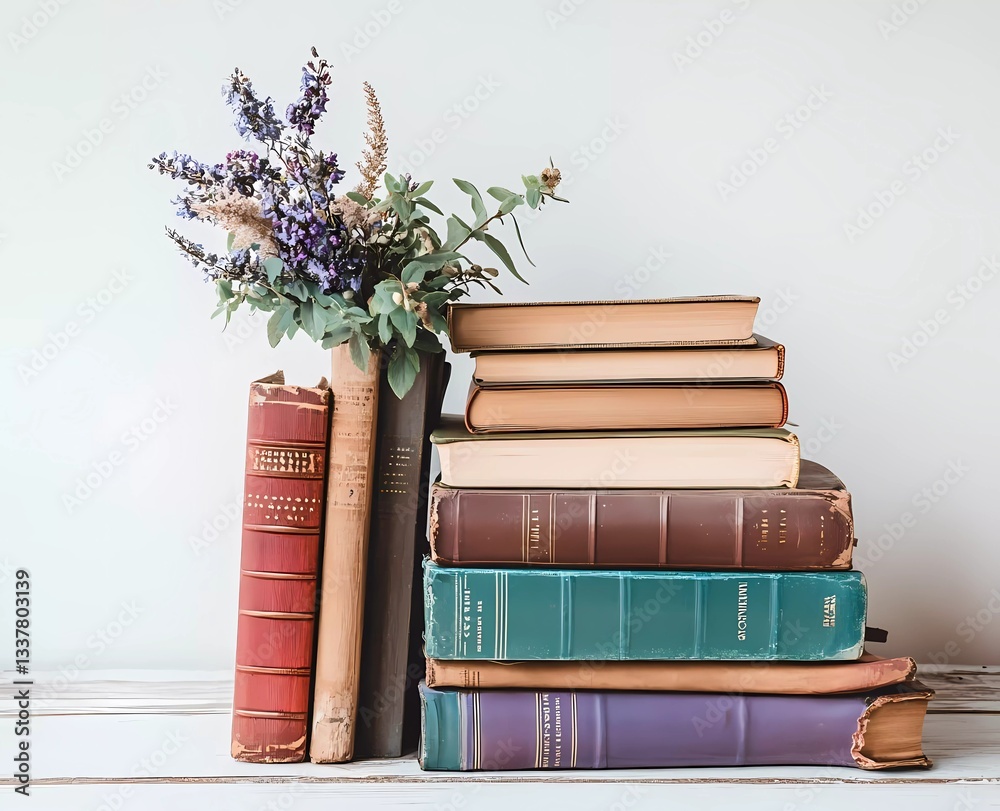 A stack of colorful books on a white background, with soft-focus photography in a retro style,