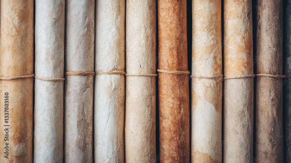 Rich History Storytelling Concepts. Rolled papers arranged in a textured, colorful pattern. Rich History Storytelling Concepts. Rolled papers arranged in a textured, colorful pattern.
