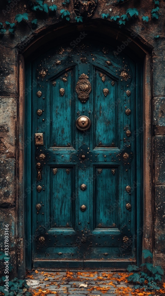 Weathered turquoise door adorned with brass fixtures, surrounded by ivy and autumn leaves Weathered turquoise door adorned with brass fixtures, surrounded by ivy and autumn leaves