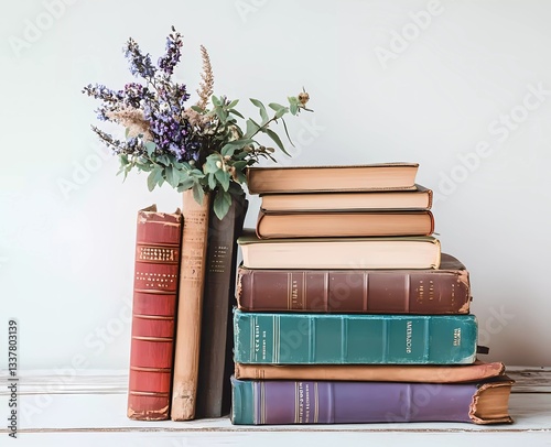 Obraz na płótnie A stack of colorful books on a white background, with soft-focus photography in a retro style, w salonie