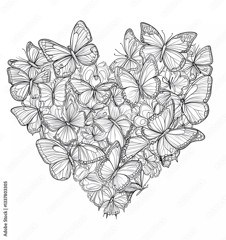 coloring page for adults, heart made of butterflies, white background, clean line art, mandala style