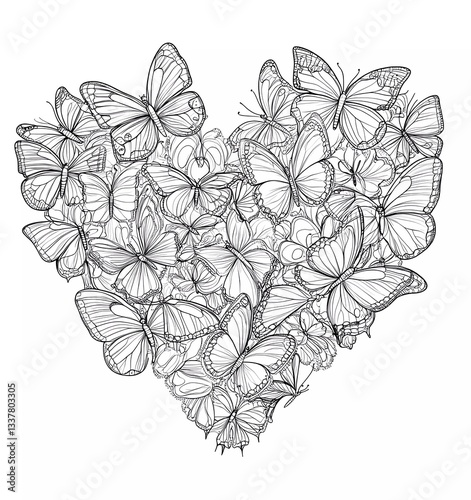 Obraz na płótnie coloring page for adults, heart made of butterflies, white background, clean line art, mandala style w salonie