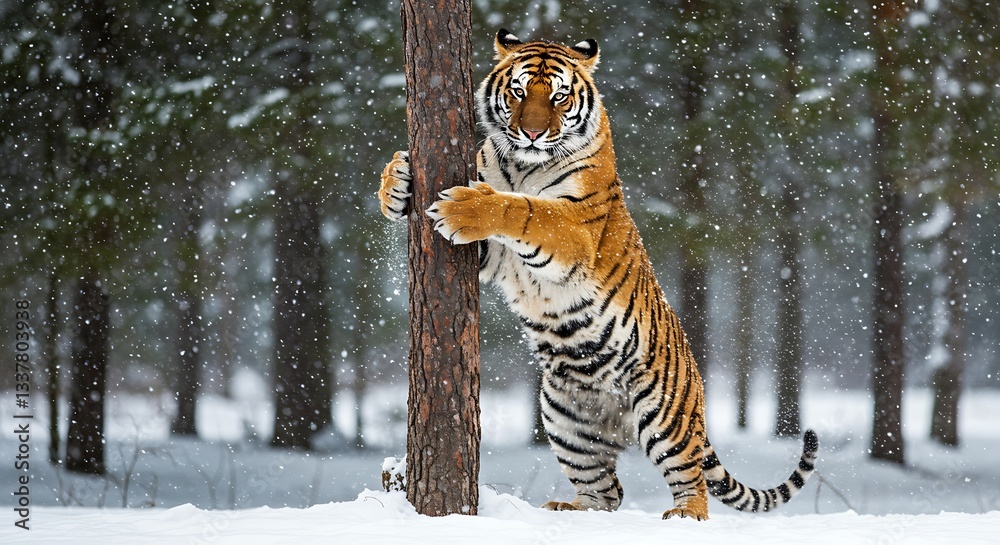 Obraz premium Majestic Siberian Tiger Clambers a Tree in a Snowy Forest. Generative Ai