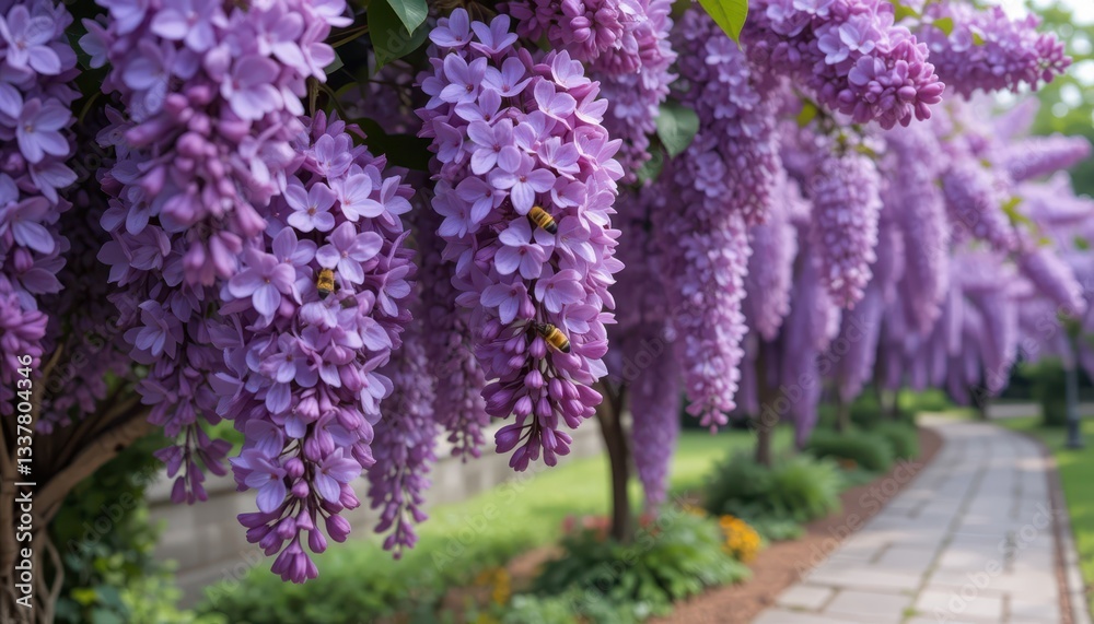 Obraz premium Beautiful Lilac Blooms Hanging from Branches in a Serene Garden
