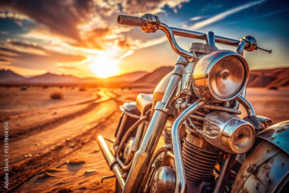 Fototapeta premium Retro Motorcycle Detail: Rusty Chrome & Vintage Landscape