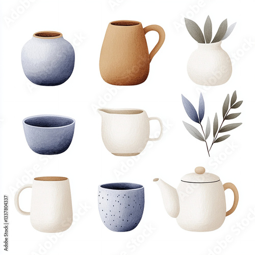 Artistic display of modern ceramic vessels and plants home decor setting still life minimalist style