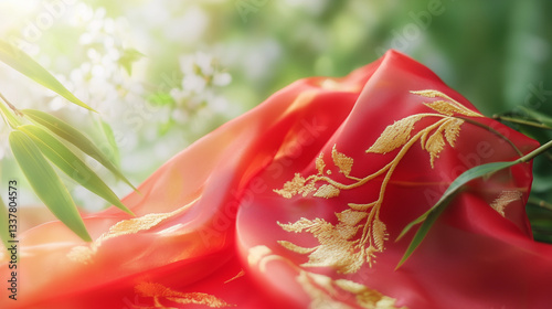 Vibrant red silk scarf with golden embroidery on green bamboo leaf, symbolizing youth and vitality in spring.
