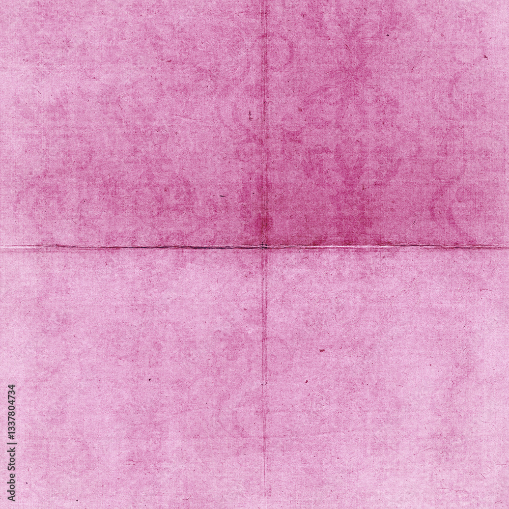 Fototapeta premium Vintage pink paper texture with soft grunge details, subtle stains, and folded crease lines. Delicate aged background ideal for invitations, stationery, scrapbooking, overlays, and romantic designs.