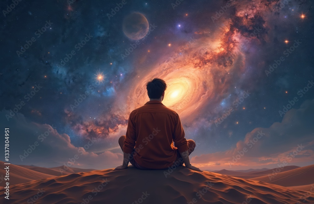 Obraz premium Man sits sand dune looking cosmos galaxy. Person meditates on desert against backdrop stardust cosmic sky, moon. Contemplation of universe in serene tranquil scenery.