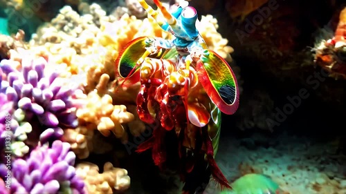 Vibrant Mantis Shrimp in Coral Reef Habitat A close-up underwater photograph showcasing a brilliantly colored mantis shrimp nestled amongst vibrant coral