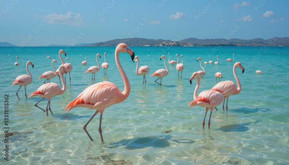 Obraz premium Pink Flamingos Wading in Shallow Turquoise Waters under Clear Sky