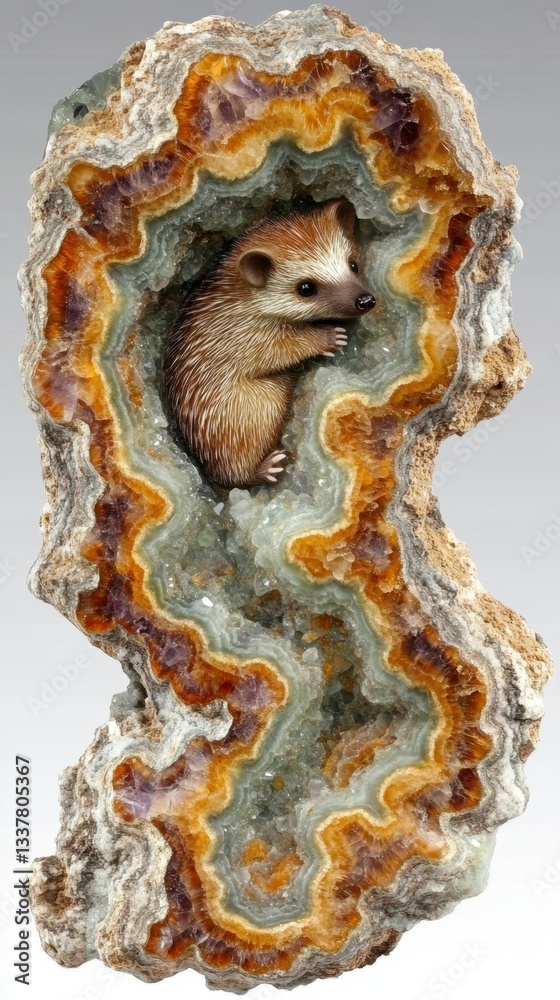 Naklejka premium Hedgehog sculpture nestled within a vibrant agate geode, showcasing intricate details and natural textures. The warm colors of the stone contrast beautifully with the hedgehog.