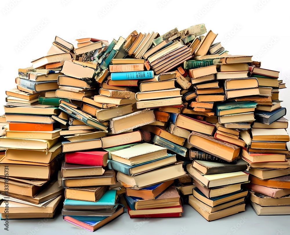 Pile of books on a white background, focus stacking technique used, colorful books with covers in different colors and sizes