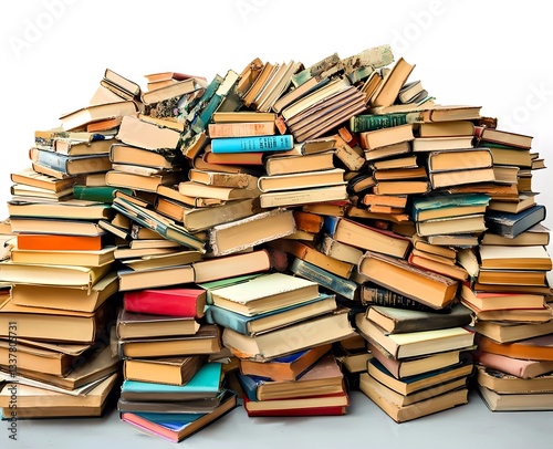 Pile of books on a white background, focus stacking technique used, colorful books with covers in different colors and sizes